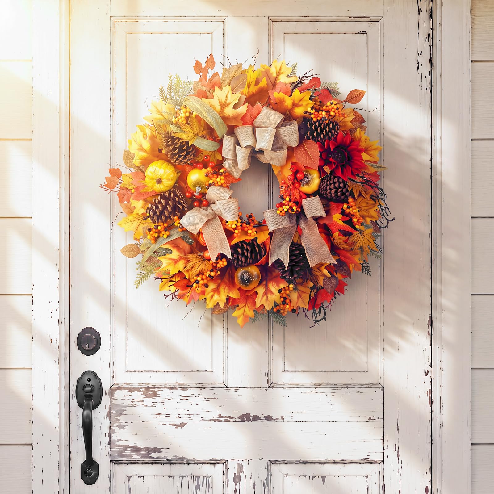 Thiccywoov Couronnes d'automne pour porte d'entrée de 71,1 cm, couronne de feuilles d'érable artificielles avec citrouilles, baies, pommes de pin, décorations de porte pour mur, porche, maison