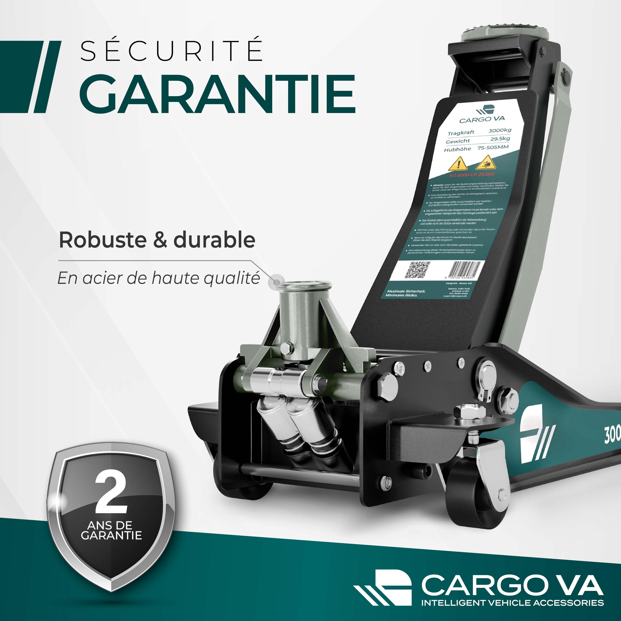 CargoVA Cric hydraulique 3T - Cric Plat avec Hauteur de Levage de 75 à 505 mm - Kit d'outils Professionnel avec Tapis de Genoux et 2 Patins en Caoutchouc - Idéal pour Les SUV et Les Voitures