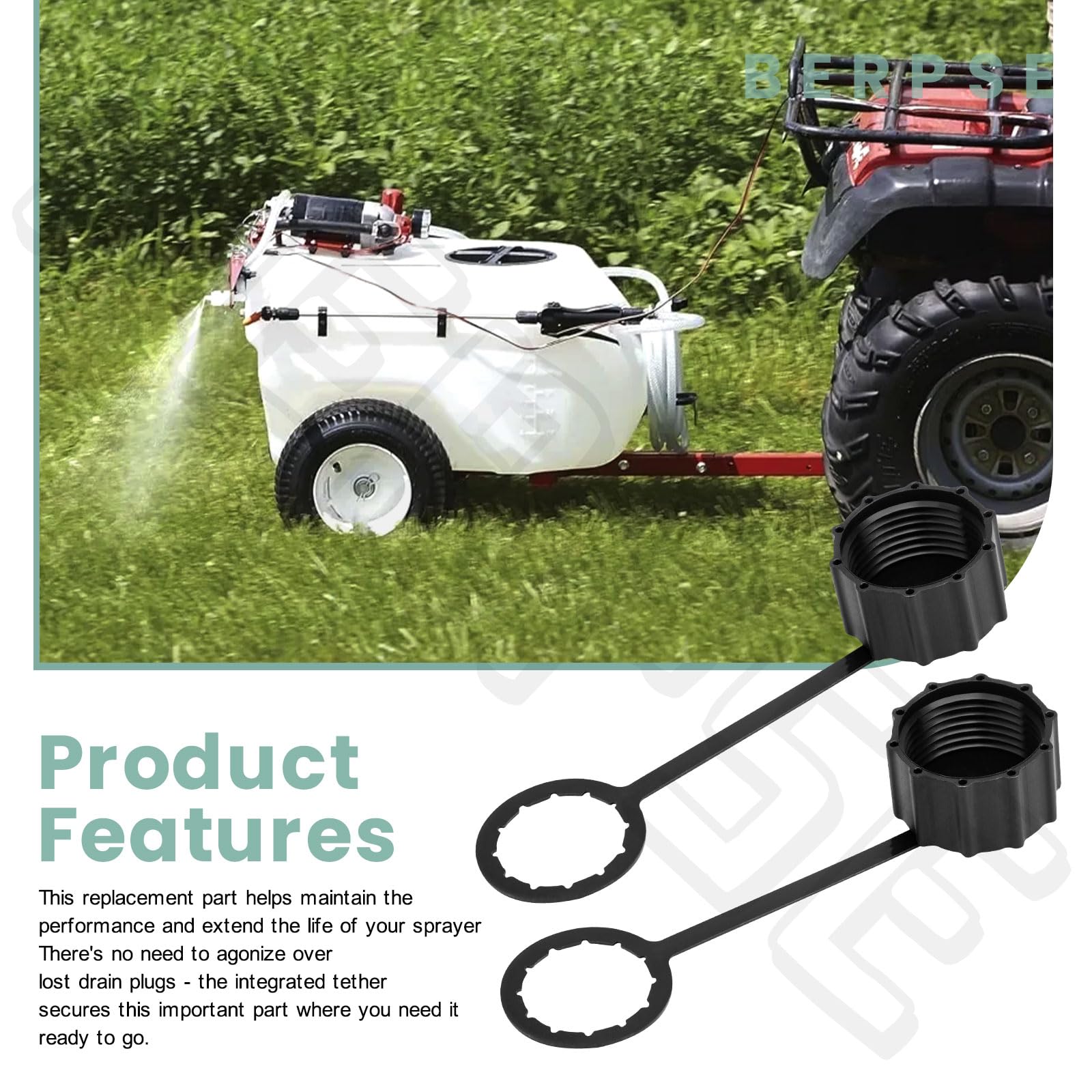 Paquete de 2 tapones y correas de drenaje para rociador 7771825 compatibles con Fimco | Para la mayoría de rociadores EZ Mount y EZ Tow ATV, tapa roscada y correa para rociadores de césped y jardín