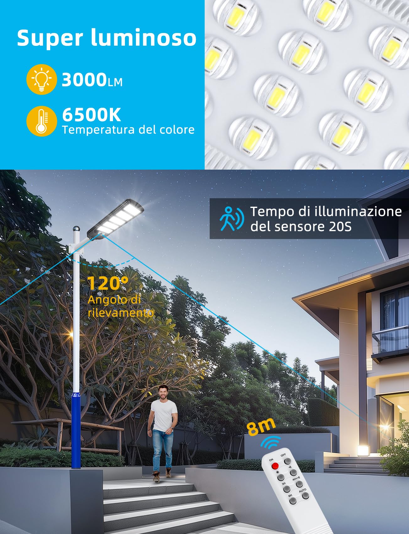 Aigostar - 300W Lampione Solare da Esterno con Sensore di Movimento, Telecomando, Impermeabile IP65, 3000LM Luce Fredda 6500K, Lampioni Solari LED per Giardino, Cortile, Strada (Non Include il Palo)