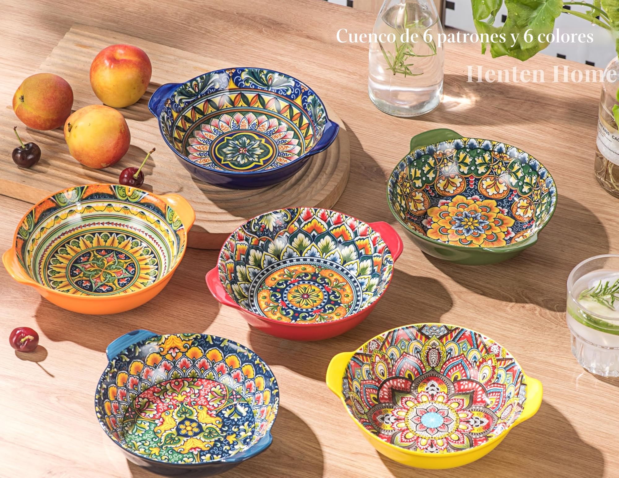 Henten Home Juego de 6 Cuencos con Asas, Platos para Ensalada, Cuencos Estilo Bohemio - 520 ml, Platos de Pasta de Cerámica para Pasta, Sopas, Ensaladas, Frutas