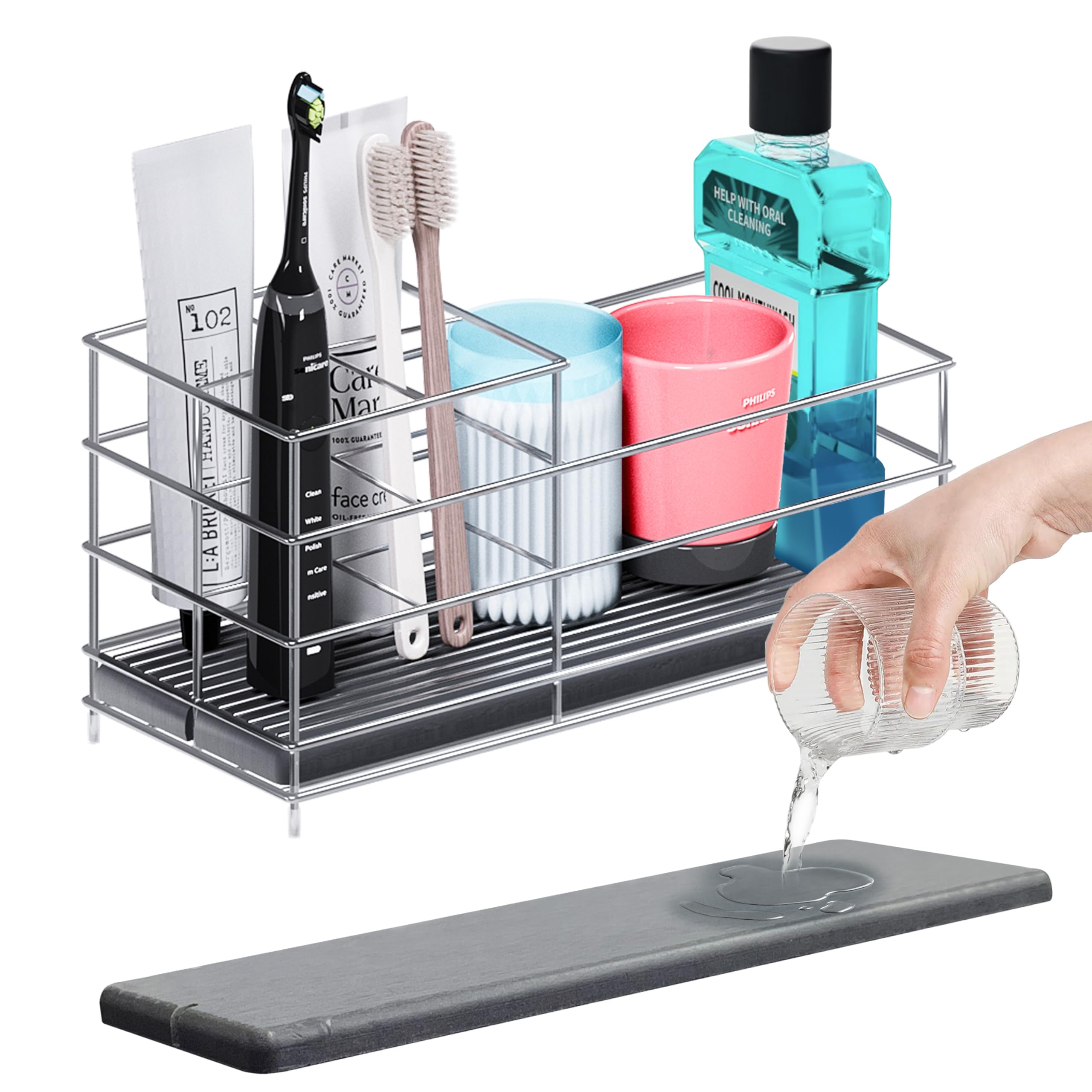Chilinii Toothbrush Holder Stainless Steel Bathroom Electric Toothbrush and Tootpaste Holder with Fast Drying Diatomite Board Bathroom Counter Organizer Large Space