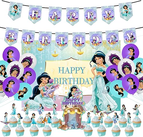 Miniatura 1 de 31 piezas de suministros para fiestas temáticas de jazmín de princesa incluyen fondo de jazmín, pancarta de feliz cumpleaños, globos y adornos para