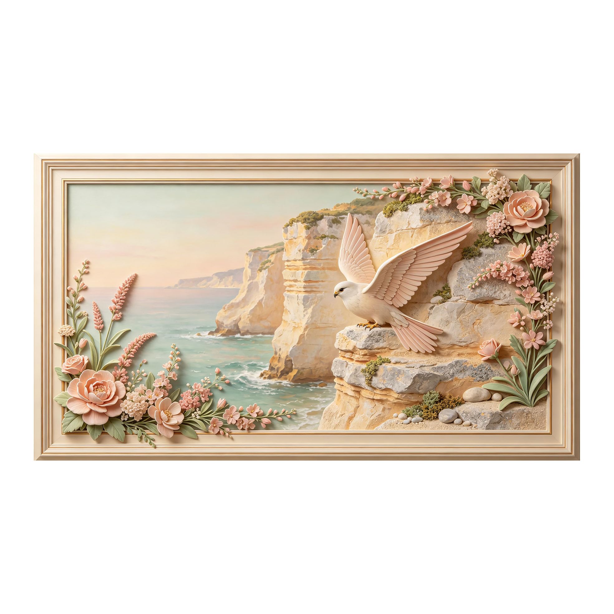 Yzpallescene 3D 3D Framed Wall Art 50cm×90cm Coastal Cliff Seascape Bird Floral Relief Effect Large Size SelfAdhesive Removable Wall Decor Prints Artwork for Living Room Bedroom Office