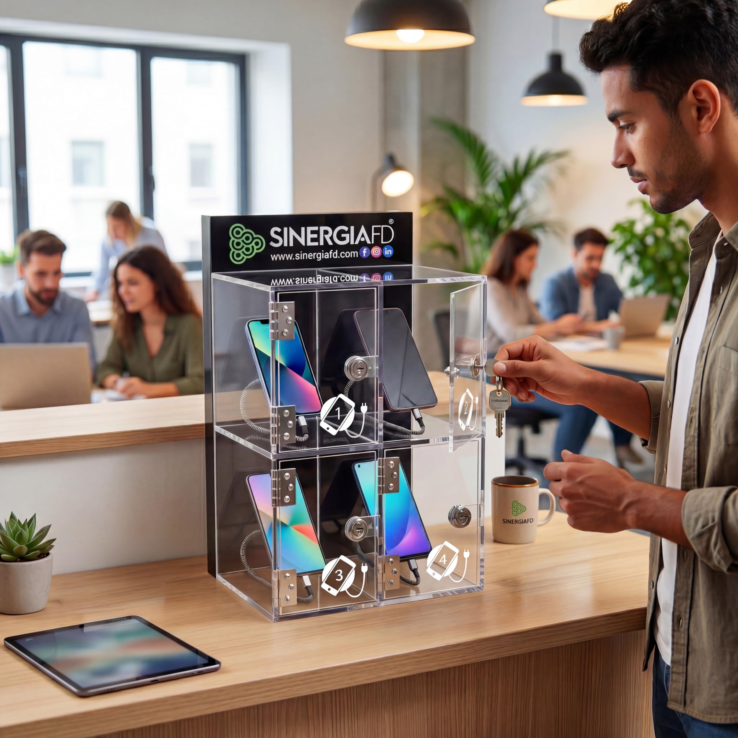 Stazione di Ricarica Smartphone con 4 Locker Numerati – Armadietto di Ricarica Sicuro con Chiave – Compatibile iPhone e Android – Ideale per Uffici, Negozi, Palestre ed Eventi