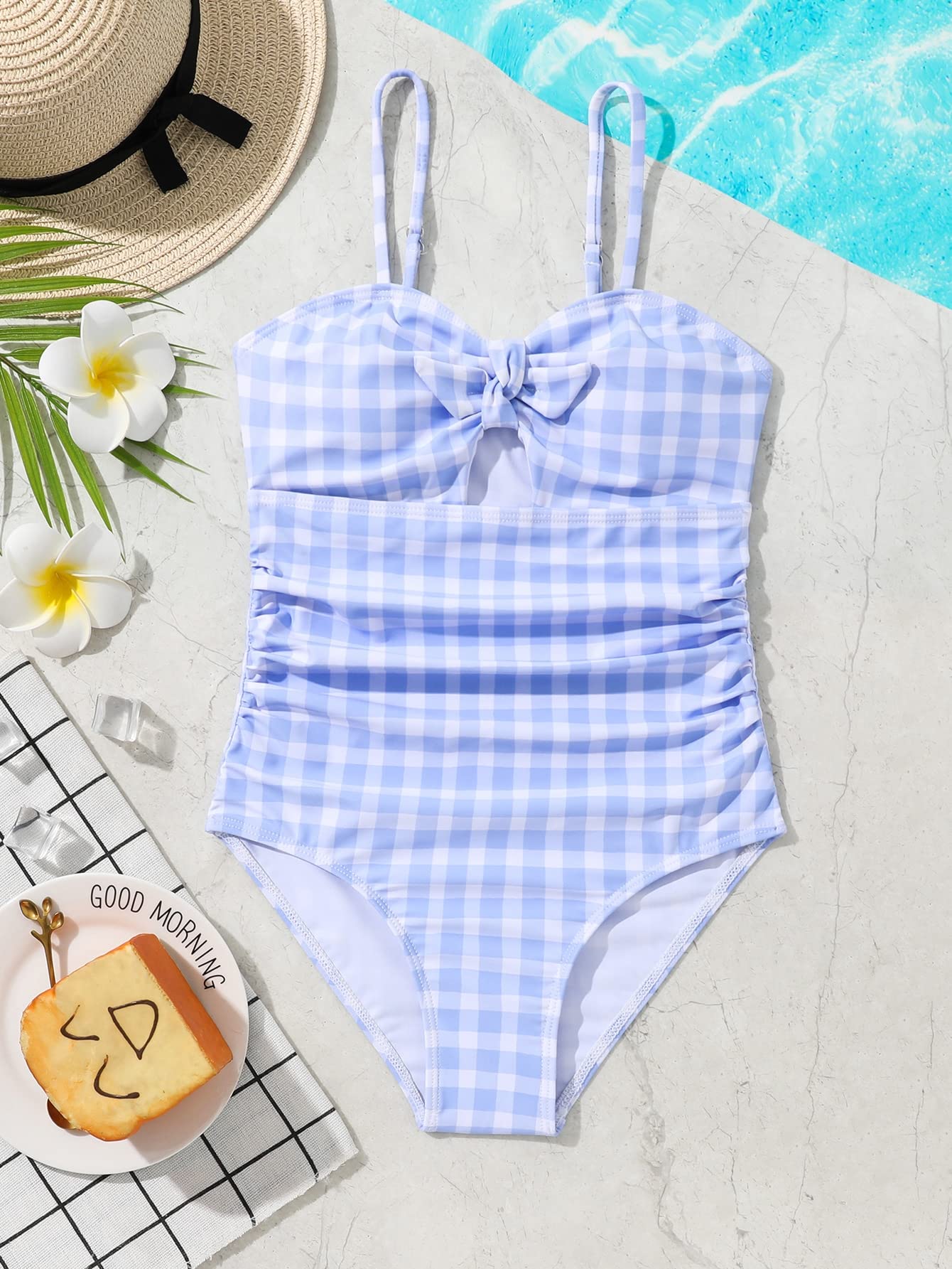 Floerns Traje de baño de una pieza con estampado de cuadros fruncidos y nudo frontal para niña