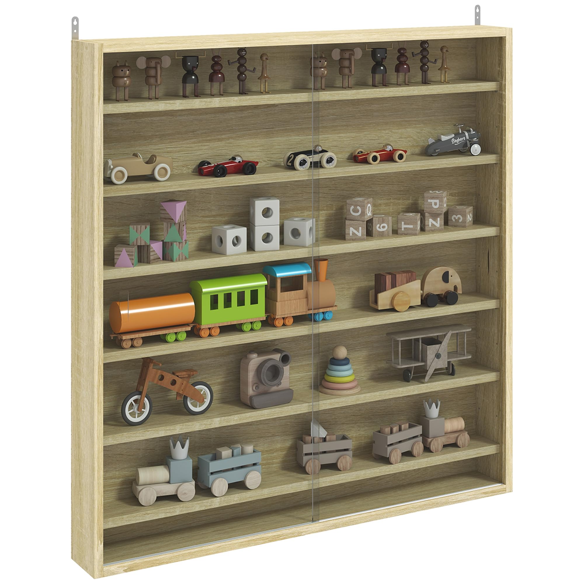 HOMCOM 7-Tier Wall Mounted Display Cabinet Glass Doors 80x83cm Oak