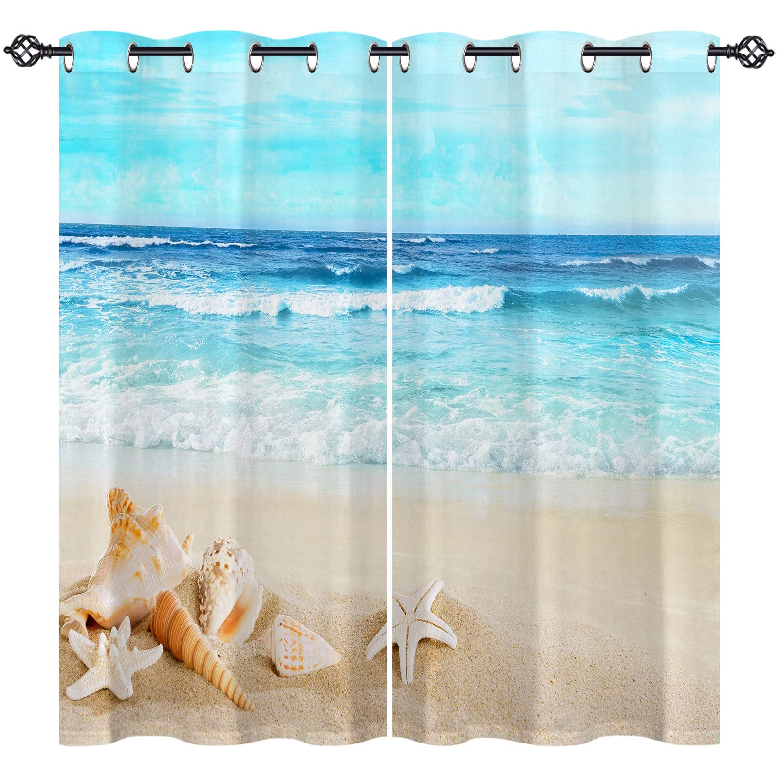 ANHOPE Beach Curtains Eyelet 80% Blackout Room Darkening Curtains Coastal Tropical Ocean Sand Beach Shell Print Pattern Light Blocking Window Drapes for Bedroom Living Room 46 x 54 Inch Drop 2 Panels — image 1