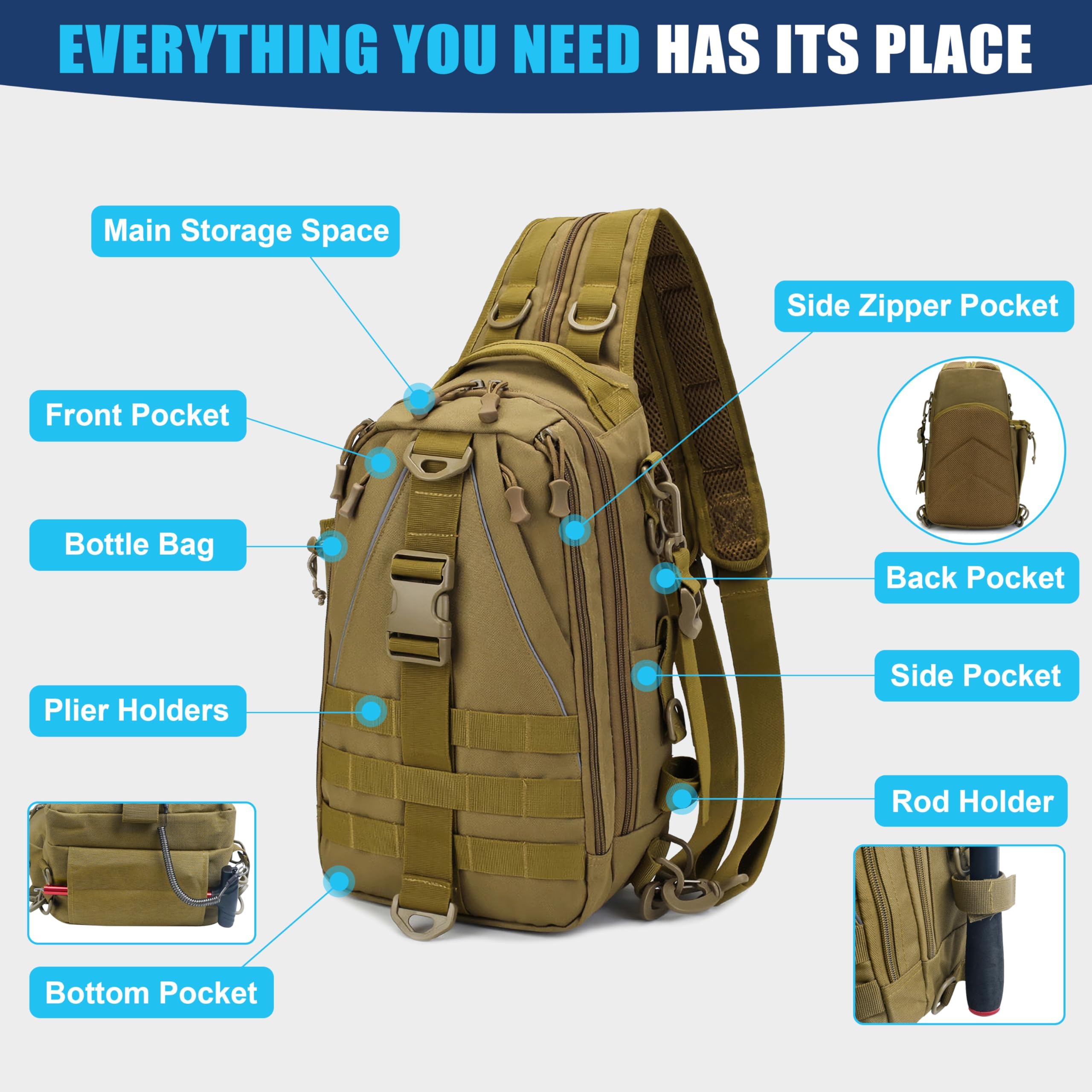 Zaino Tattico Militare, Custodia per Attività All'aperto, Impermeabile, Multifunzionale, Borsa da Pesca, Militare, Trekking, Zaino per Sport, Attività All'aperto, Escursionismo, Trekking e Campeggio