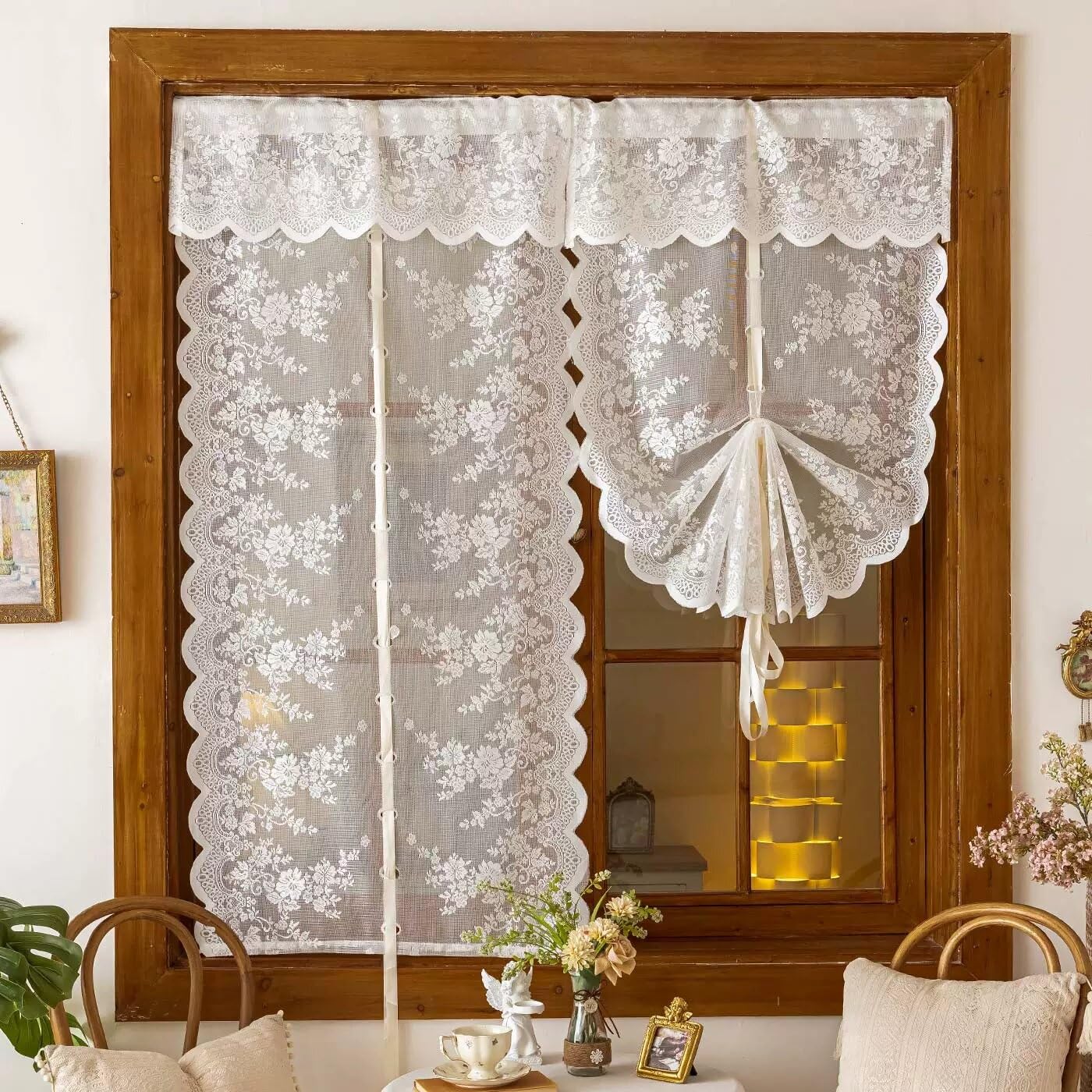 2 Pièces Français Rideaux de Ballon À Nouer, Rideaux Élégants Brodés À Fleurs Filtrant la Lumière AVCE Bords Festonnés et Passe-Tringle pour Cuisine(WxH70x240cm/27x94inch)