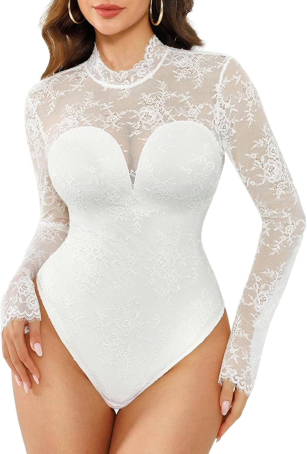 Popilush Long Sleeve Body Suits Womens Tummy Control Open Back Sheer Top Built in Bra Turtleneck Lace Shapewear Bodysuit