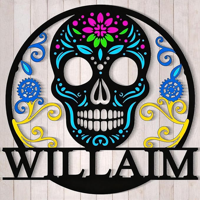 Custom Sugar Skull Wall Sign – Personalized Metal Sugar Skull Decor for Room | Dia de los Muertos Art, Rustic Home Decor, Unique Gift | 8-24 Inches (SKULL B)