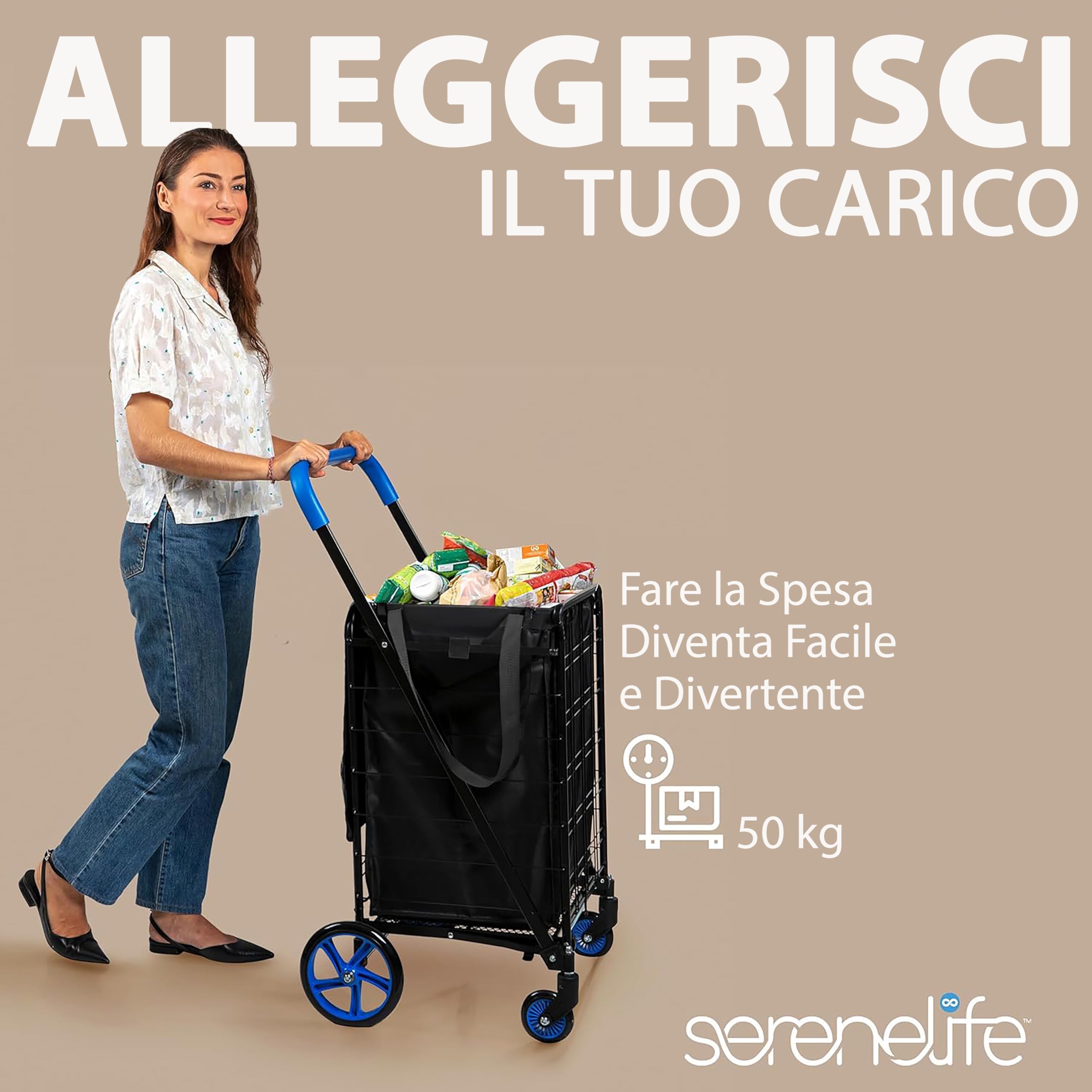 SereneLife Carrello Spesa Grande 50 kg, 48,2x57,6x104,2 cm, Carrellino con Ruote Portatutto 360°, Pieghevole con Sacca Rimovibile, Blu