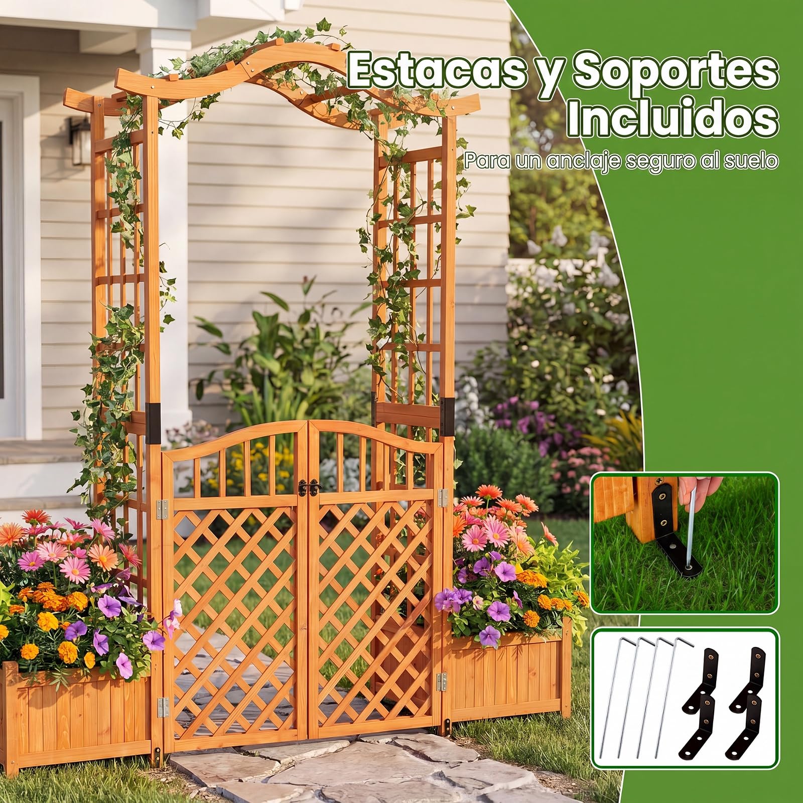 COSTWAY 210 cm Jardinera con Celosia, Pérgola de Jardín con Puerta y 2 Jardineras, Arco Jardin Exterior de Madera con Orificios de Drenaje, Enrejado para Plantas Trepadoras, Rosas y Enredaderas