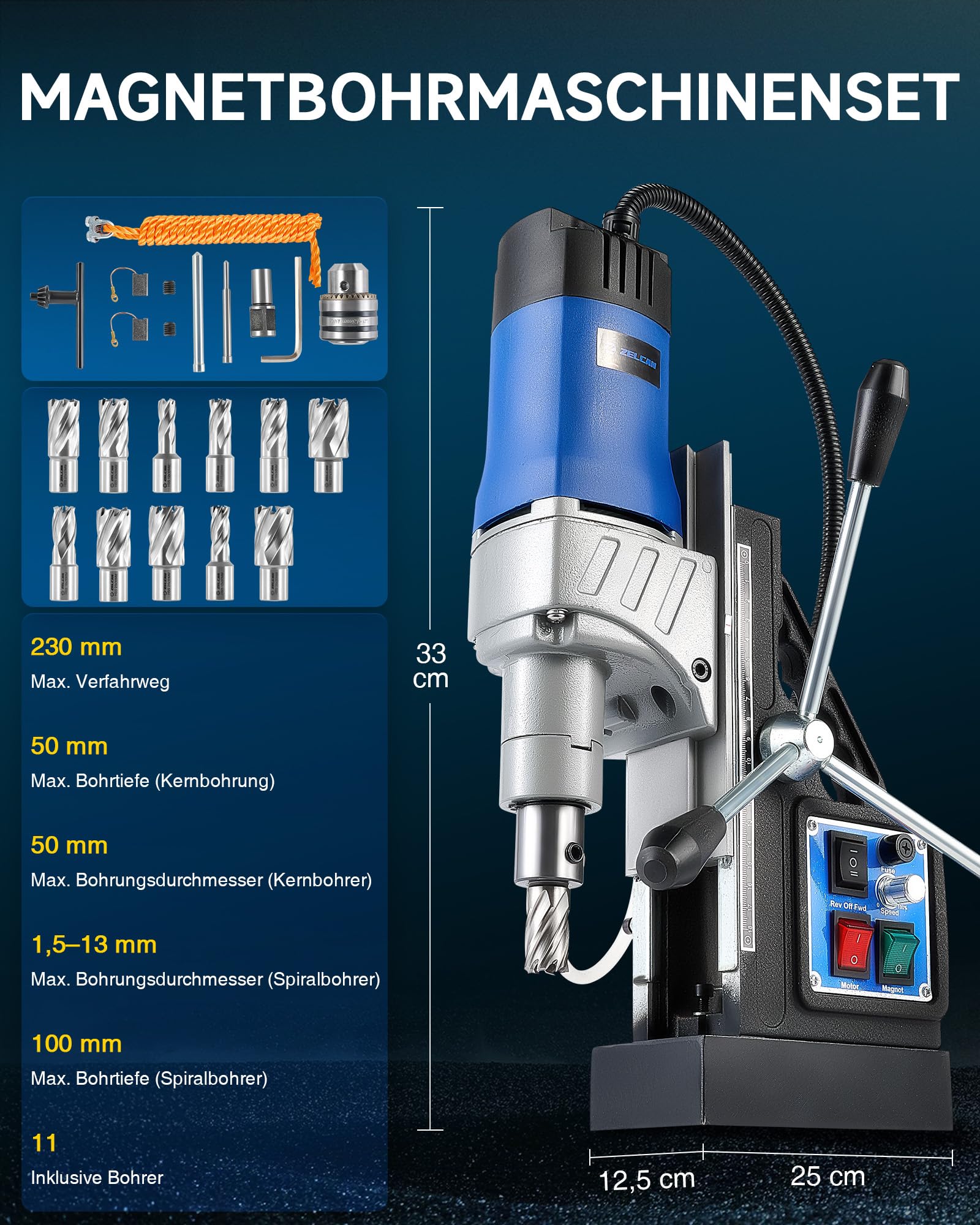 ZELCAN Magnetbohrmaschine 1550W Standbohrmaschine 11 Bohrer 13000N Tischbohrmaschine 580RPM Variable Geschwindigkeit 50mm Max. Durchmesser für Heimwerk Industrie Eisenbahn Schiffsbau, Höhenverstellbar