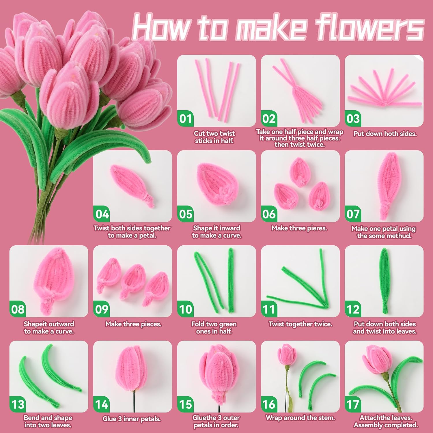 Pipe Cleaner Flower Kit, 800PCS Chenille Stems & DIY Flower Craft Supplies image 5