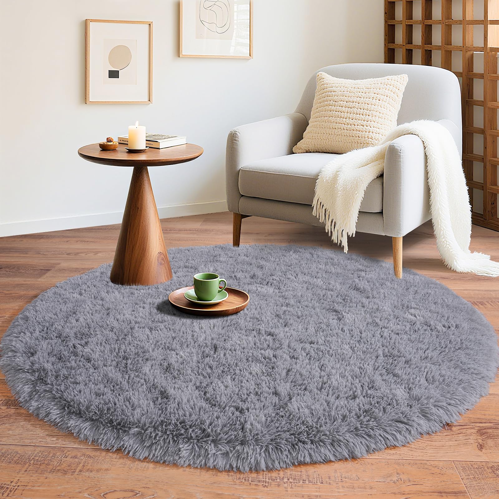 BSGIFT Alfombra redonda de 100 cm, gris, de pelo largo, mullida, moderna, para salón, salón, cama, alfombra de pelo alto, antideslizante, para habitación infantil o dormitorio