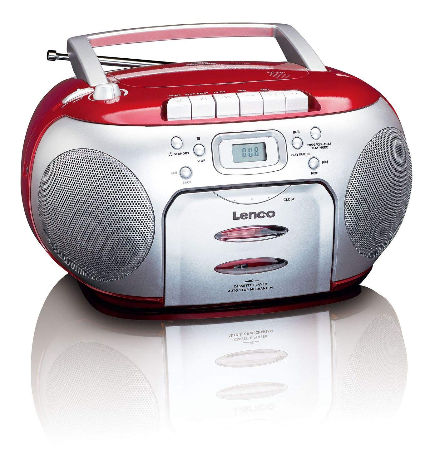 Lenco SCD-420RD Tragbares UKW-Radio mit Toplader CD-Spieler und Kassettendeck, LCD Display, Wiederholungsfunktion, Auto-Stopp, Kopfhöreranschluss