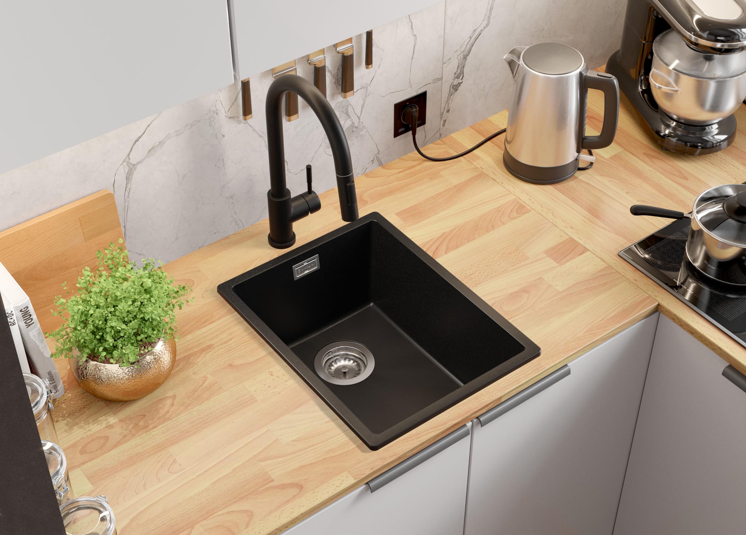 PRIMAGRAN Evier Cuisine en Granit Tout Noir 36x47cm, Lavabo 1 bac + Kit de Vidage, Évier à Encastrer au Meuble 40cm - London S033