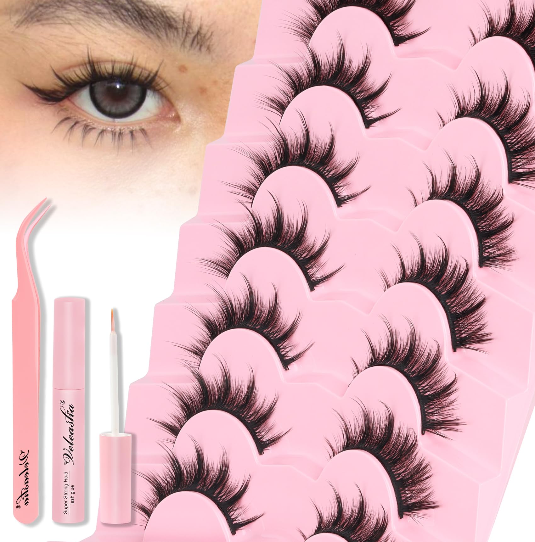 Veleasha Lashes Kit Manga Eyelashes Cat Eye Lashes Spiky Eyelash C Curl with Lash Glue & Tweezers Lash Wispy Natural Look False Eyelashes with Soft