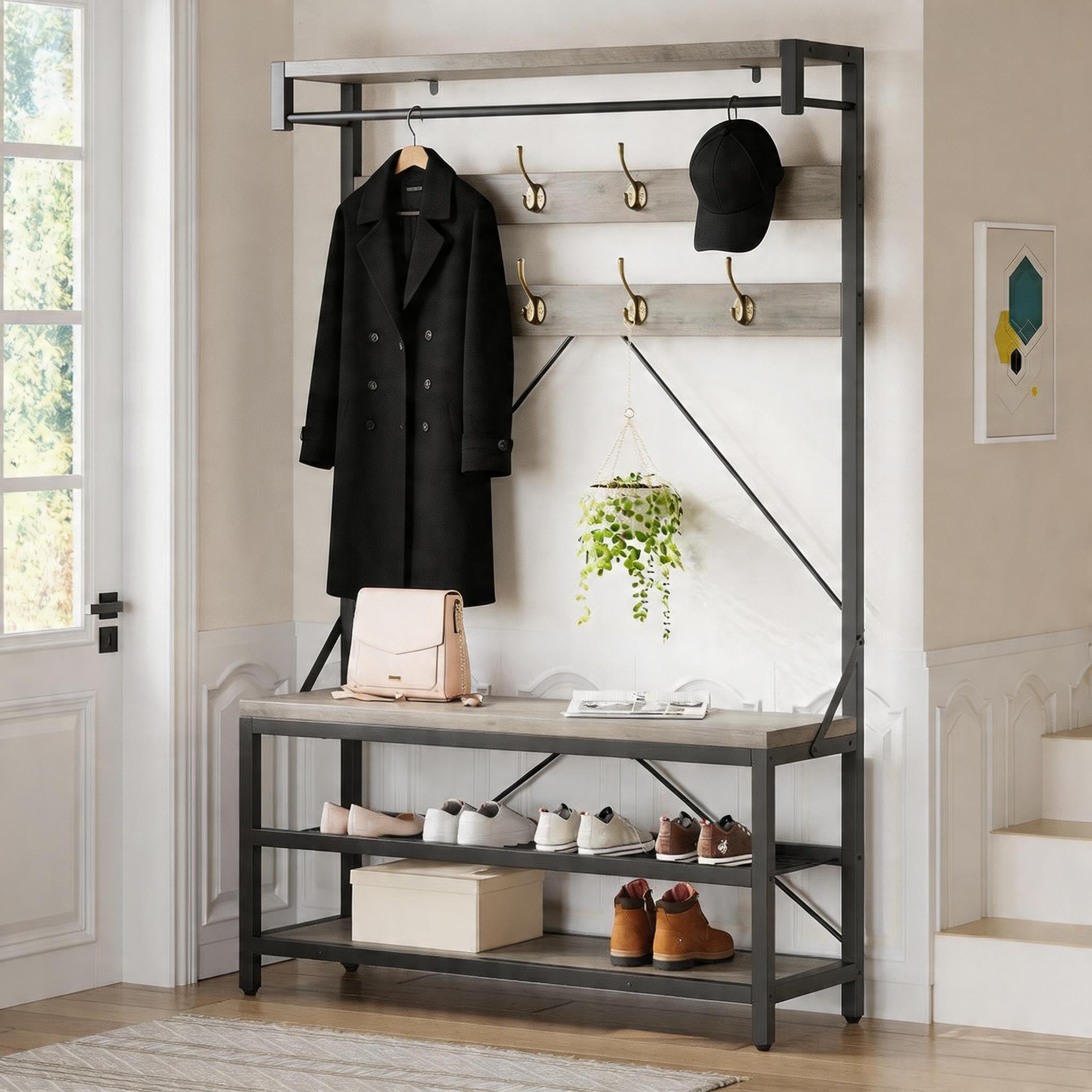 Garderobe mit Schuhbank, Flurgarderobe Industriedesign, 101x40x183 cm