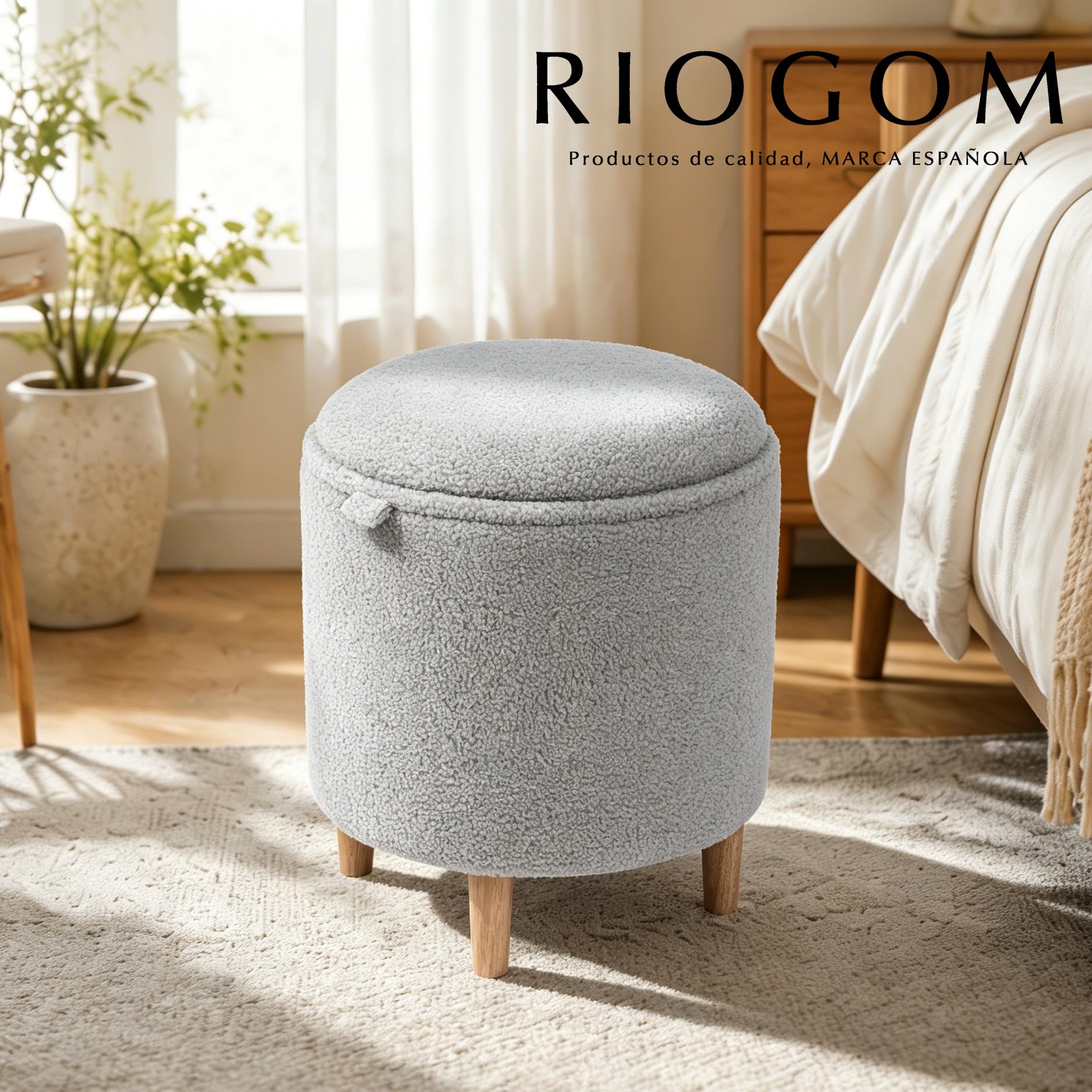 Puff Almacenaje, 45.5xØ36, Banco de Almacenamiento, Reposapiés con Patas, Otomana, Boucle, Reposapies Sofa, Taburete almacenaje, Banco almacenaje, Mesa Madera Asiento (Gris, Borrego)