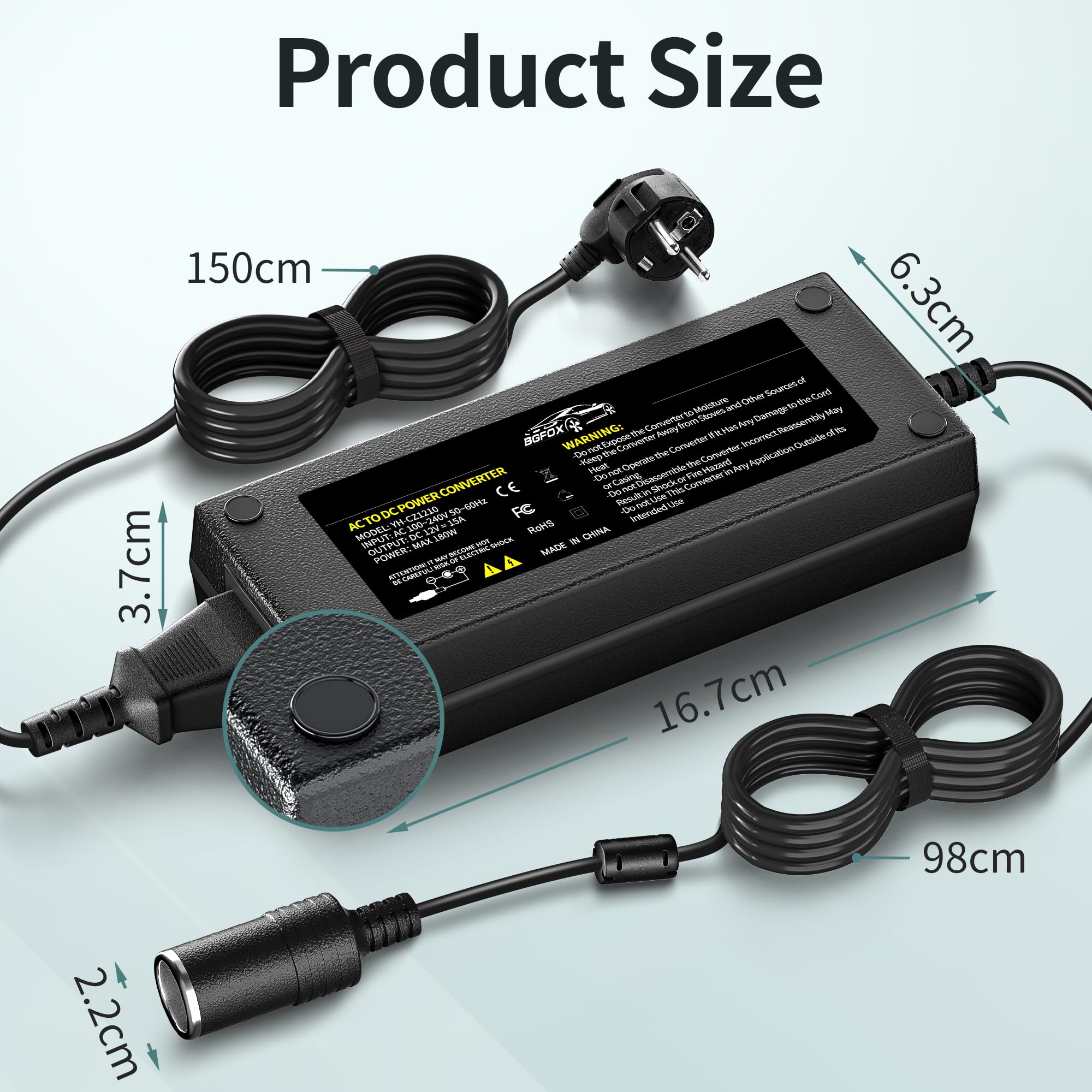 180W/15A KFZ Netzadapter, 2.65M Spannungswandler 230V auf 12V, 220V Wechselrichter Adapter mit Zigarettenanzünder-Buchse für Kühlbox, Autostaubsauger, Autokühlschrank, Kompressor, Reifenfüller