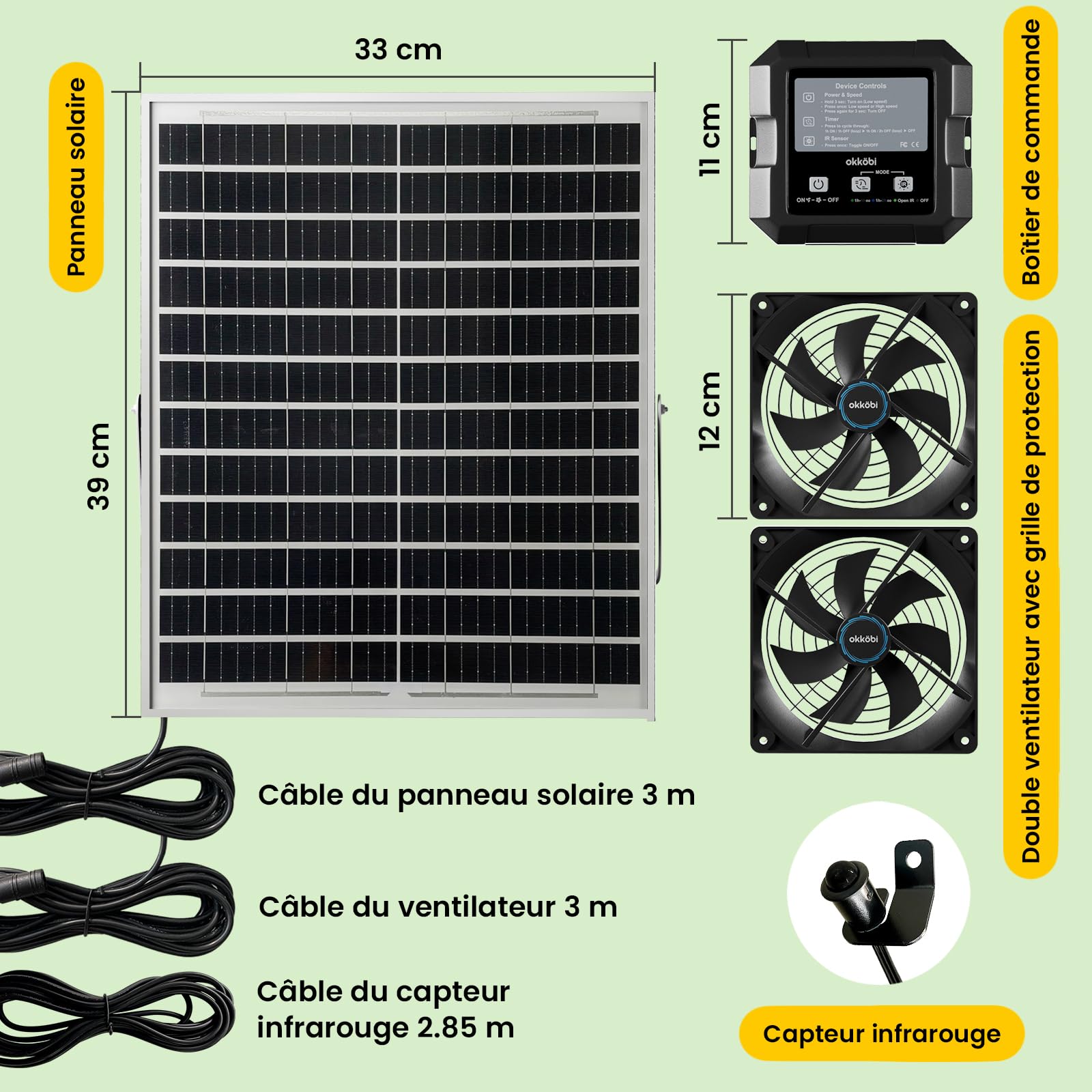 Ventilateur Solaire Poulailler Serre Double Ventilation avec Batterie Admission Extraction Air Boîtier Contrôle 3 Modes