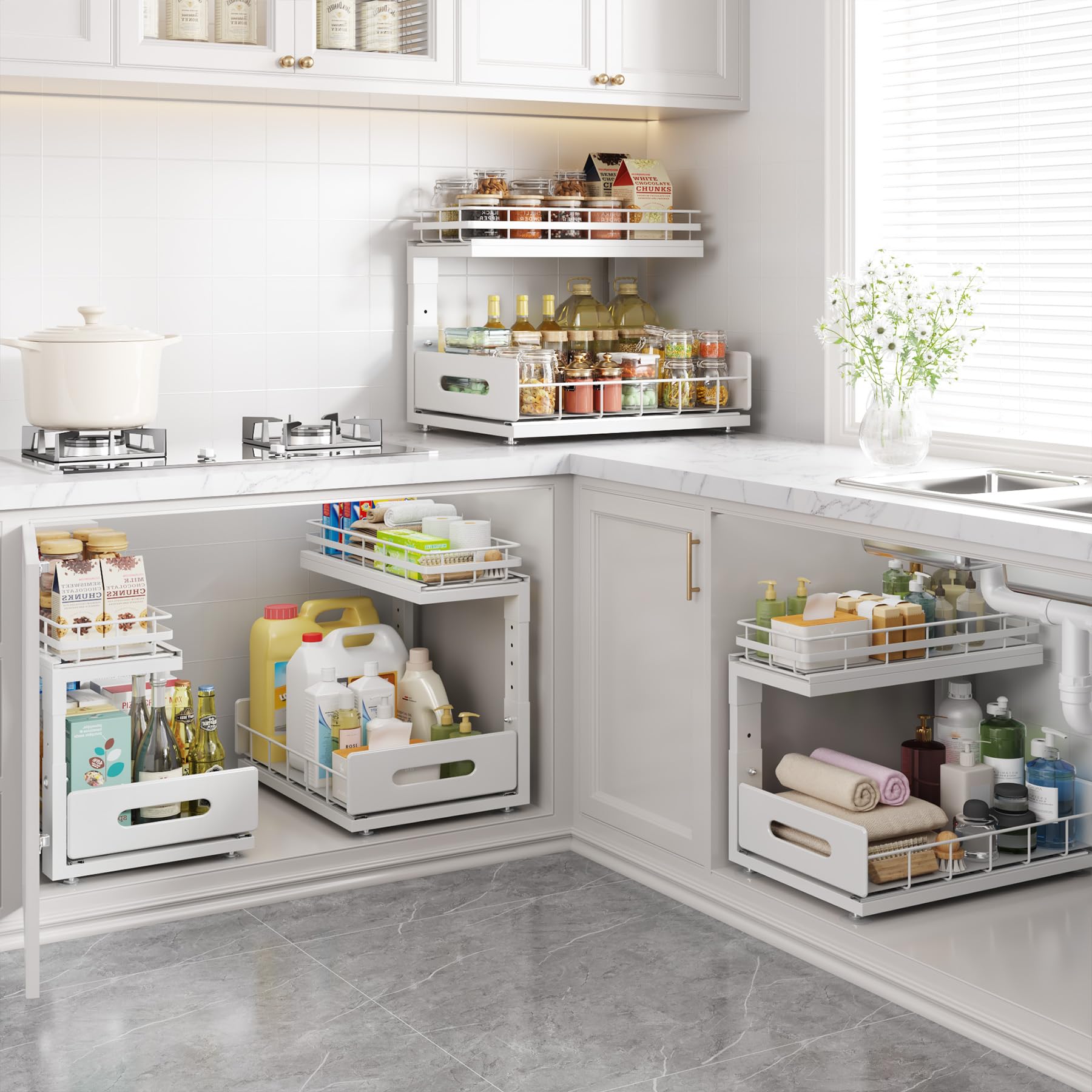 Organizador para debajo del fregadero actualizado a rieles profesionales, almacenamiento de gabinete extraíble doble de 2 niveles, cajones deslizantes de altura ajustable para baño y cocina