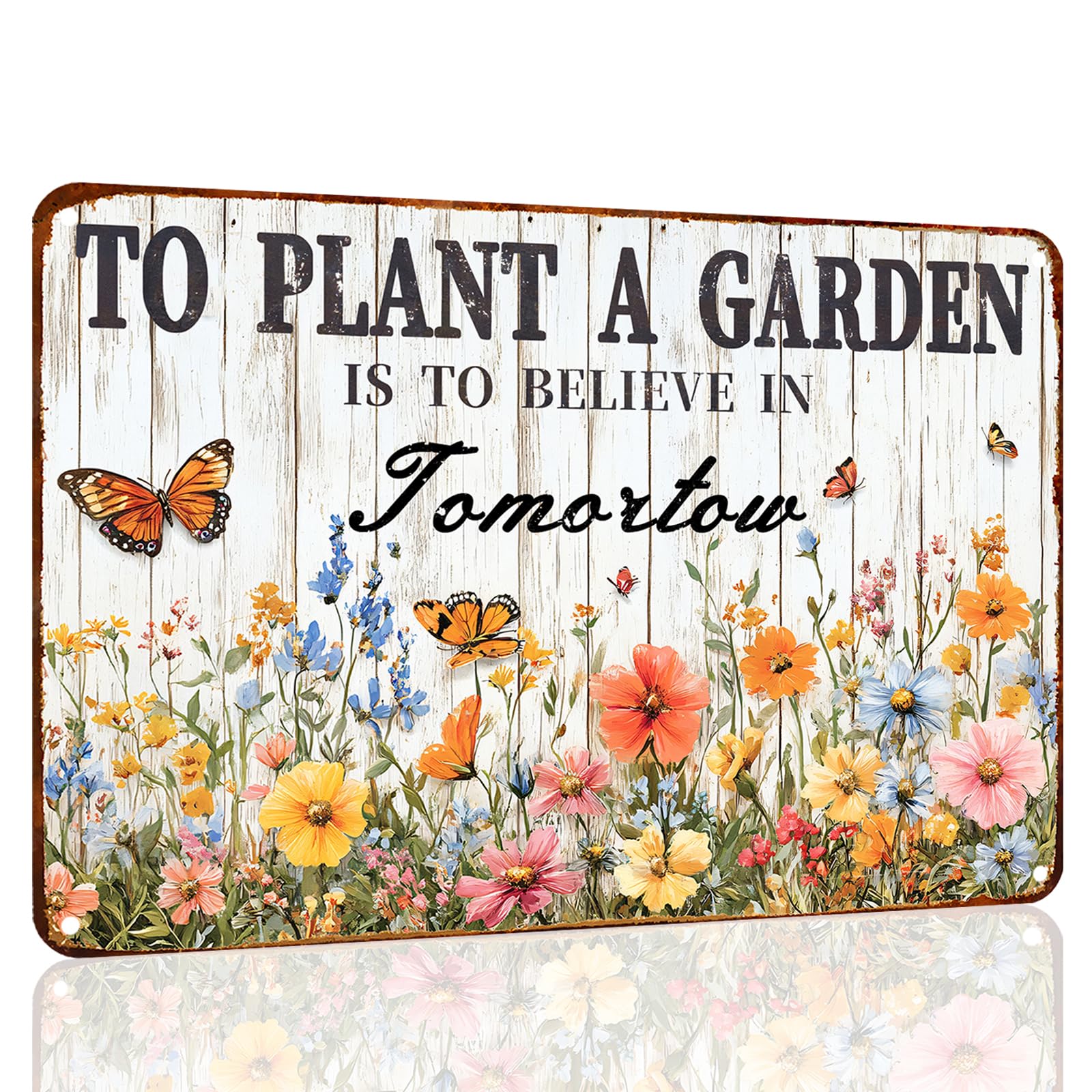 peiyeety to Plant A Garden is to Believe in Tomorrow Metal Tin Sign, Garden Decor, Retro Floral Butterfly Pattern Wall Plaque for Garden, Patio, Home, 6x8 Inch