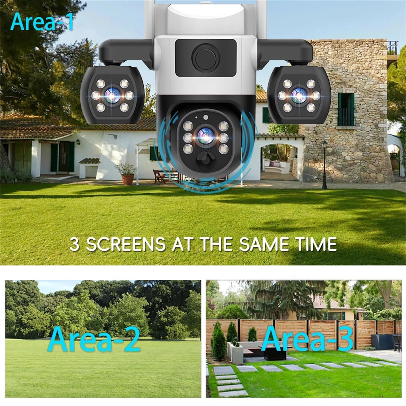 Wifi Security Cameras 3 Lens 3 Screen 10X Zoom Solar Outdoor Camera Waterproof Night Vision CCTV Security Protection(3MP 5X Camera)