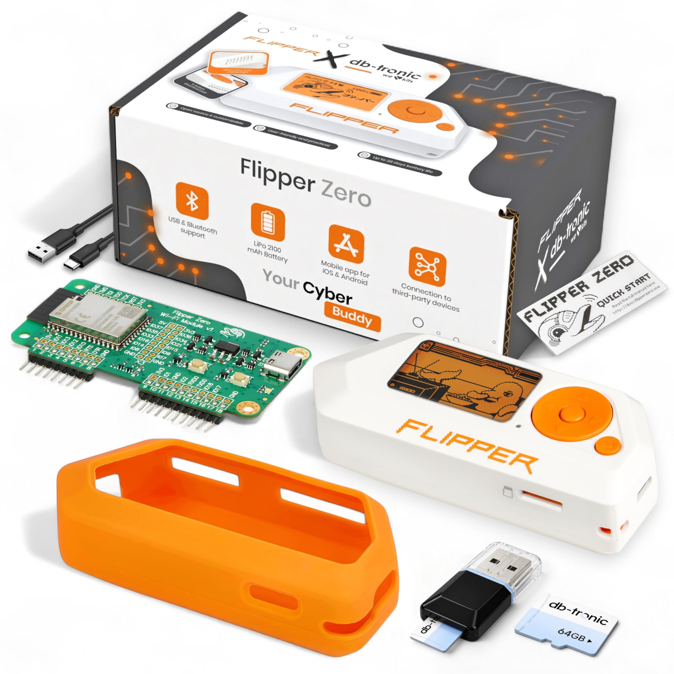 Flipper Zero Starter Full Set | Flipper Zero | Placa de Desarrollo WiFi | Funda de Silicona | Tarjeta de Memoria 64 GB | Lector de Tarjetas USB