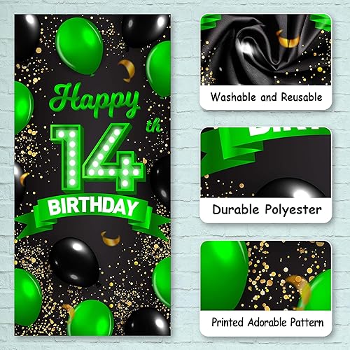 Miniatura 3 de Cartel verde y negro de feliz cumpleaños número 14, decoración temática de globos de confeti para niñas de 14 años, suministros de cumpleaños,