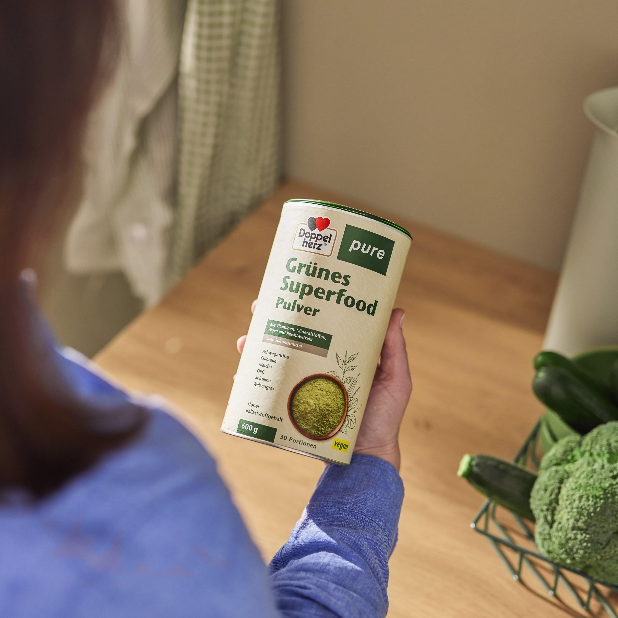 Doppelherz pure Grünes Superfood Pulver - U.a. mit Ashwagandha, Matcha, Weizengras & OPC - vegan & ohne Süßungsmittel - 600 g