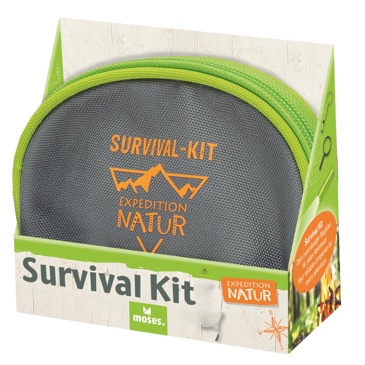 Moses. Expedition Natur Survival Kit para niños, Kit de Supervivencia para niños con Linterna, brújula, iniciador de Fuego, Silbato y Paracord, Juguete de Aventura Compacto con Bolsa con mosquetón