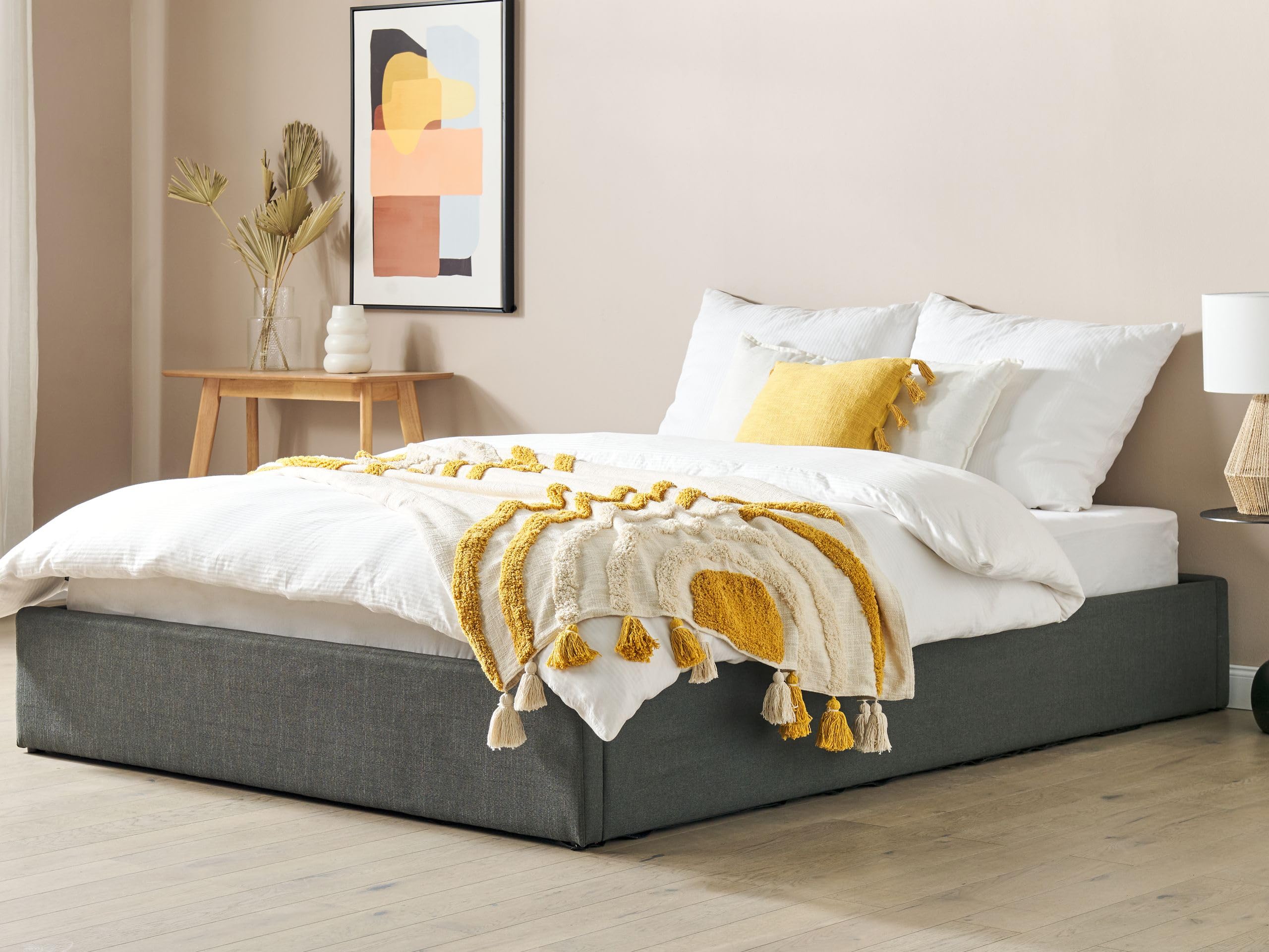 Beliani Letto Imbottito Grigio Effetto Lino con Box Portaoggetti 160 x 200 cm