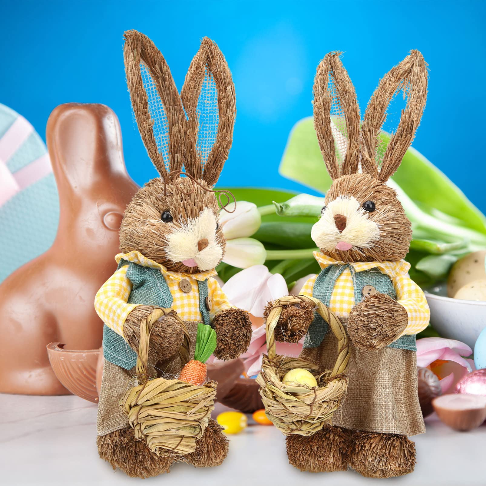 Didiseaon Coniglietti Pasquali di Paglia 2 Pezzi Decorazioni la Casa e Asilo Nido, Figurine a Forma di Coniglio 35cm, Realizzate a Mano in Paglia e Cotone, Decorazione Adorabile
