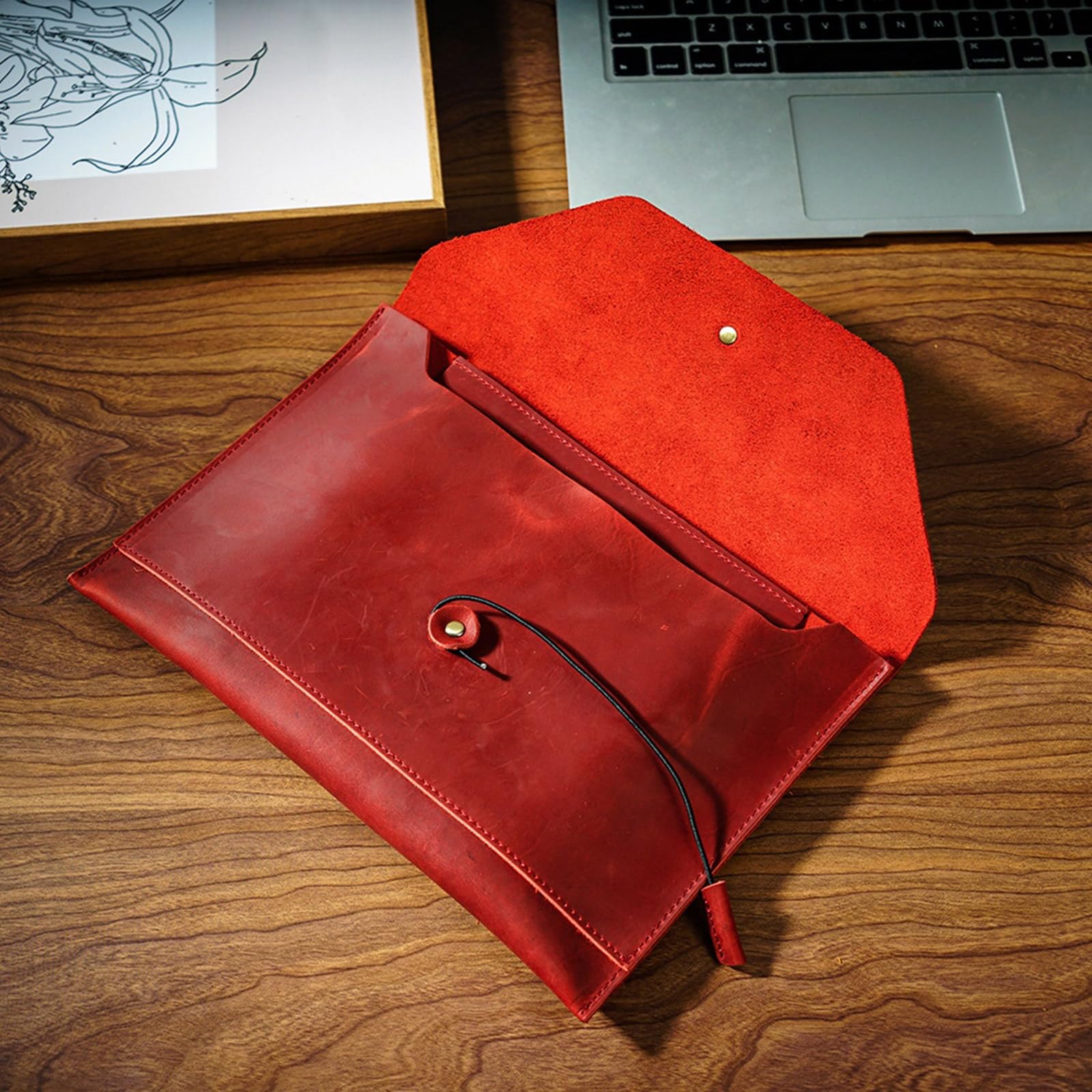 Carpeta de cuero multifuncional para documentos con múltiples ranuras para tarjetas y cierre de cuerda, funda de piel para laptop, funda para archivos
