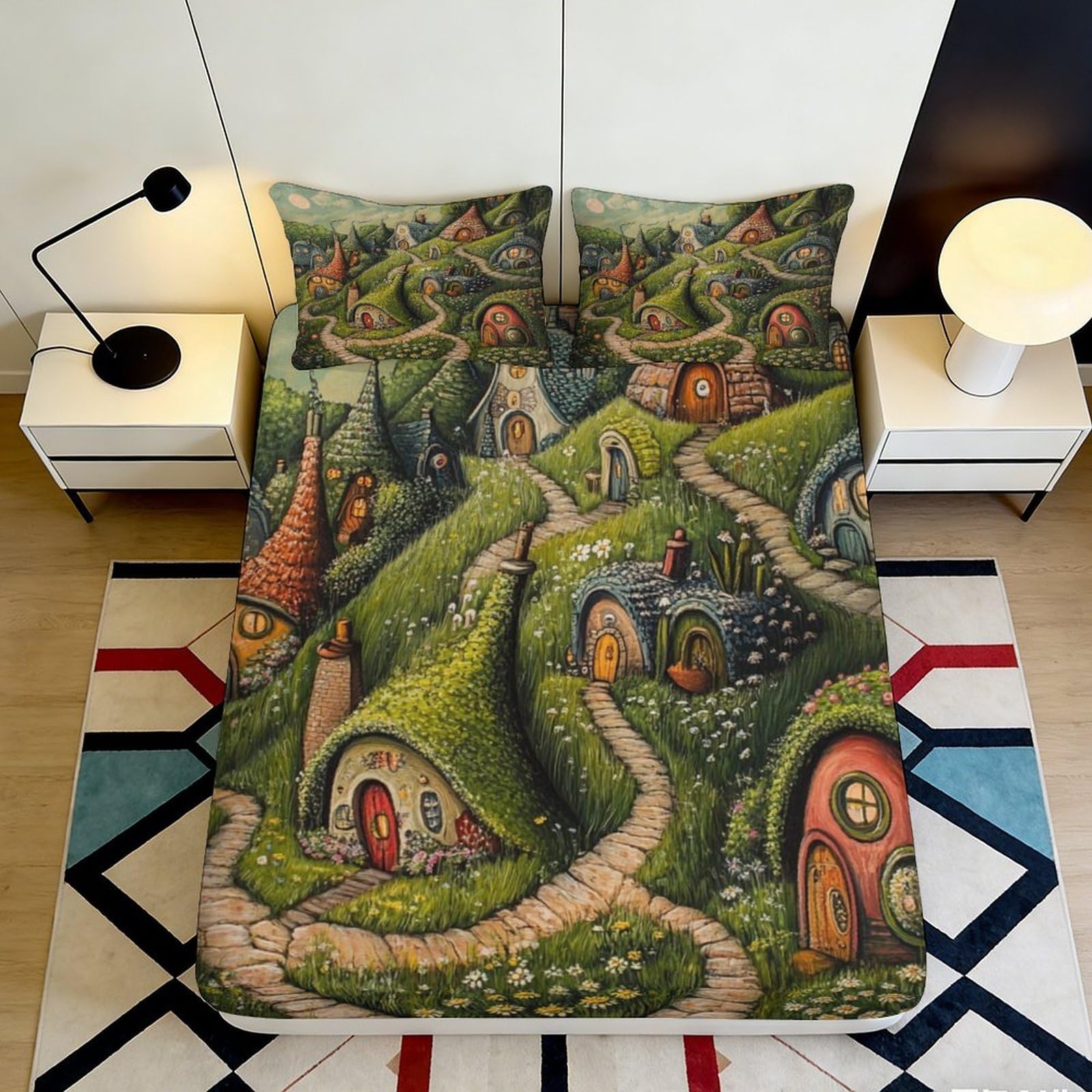 3D Printed Fairy Cottage Fitted Sheet Microfiber Elastic Hem for Adults Bedroom Bedding Fairy Cottage Mattress Fitted Cover Deep Pocket Full Wrap 200x200x25cm