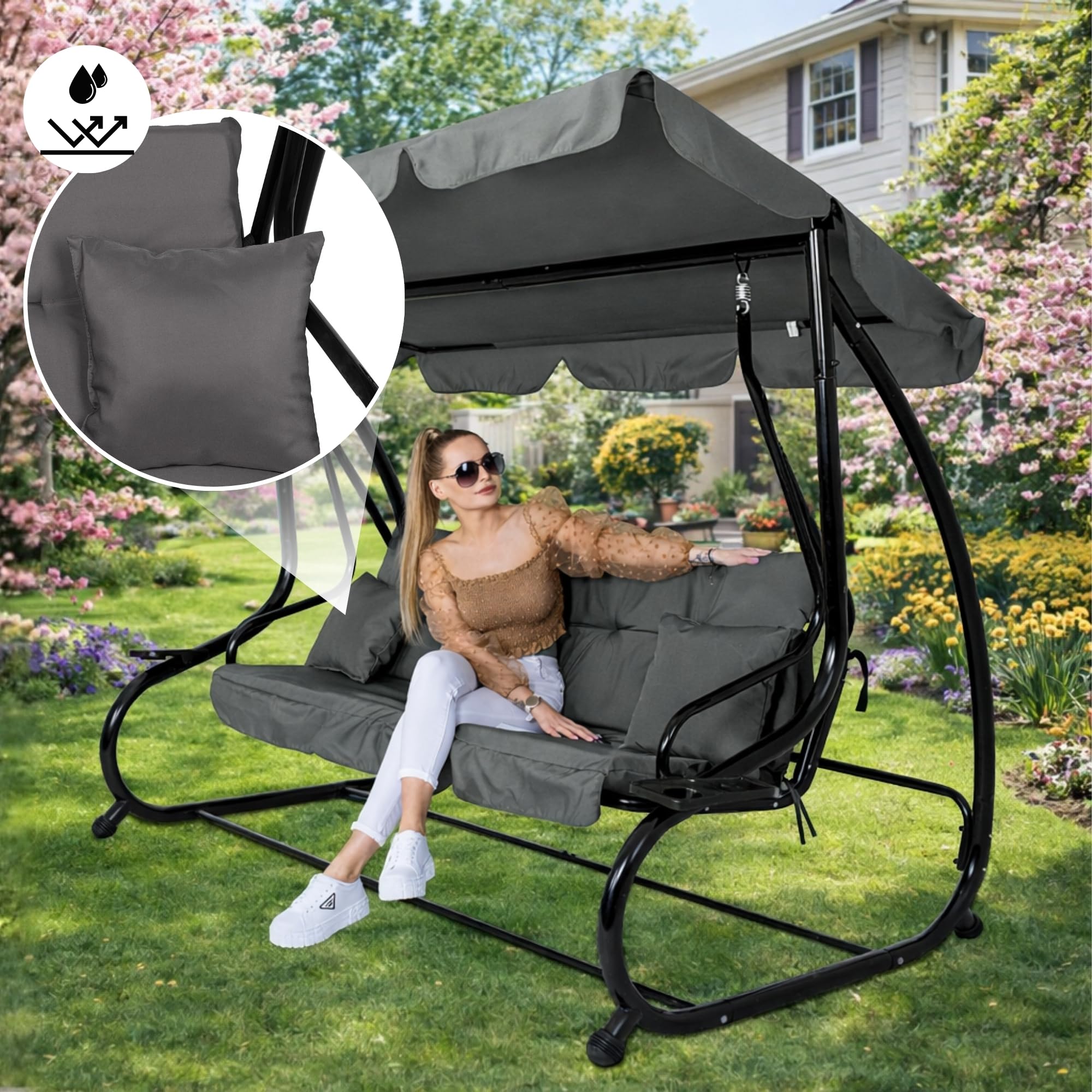 SPRINGOS Columpio de jardín de 4 plazas, 220 x 162 cm, con 2 cojines, soporte para bebidas y función reclinable, resistente a la intemperie para jardín, balcón y terraza