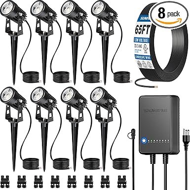 SUNVIE All-In-One LED Landscape Lighting Kit, 8-Pack Low Voltage Landscape Lights with Transformer and 65FT UL-Listed Wire, 3000K Waterproof Outdoor Uplights with Connectors for Yard House Garden Tree
