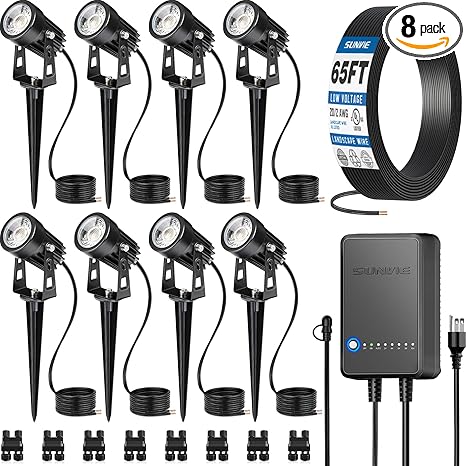 SUNVIE All-In-One LED Landscape Lighting Kit, 8-Pack Low Voltage Landscape Lights with Transformer and 65FT UL-Listed Wire, 3000K Waterproof Outdoor Uplights with Connectors for Yard House Garden Tree