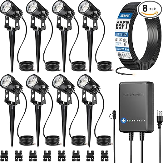 SUNVIE All-In-One LED Landscape Lighting Kit, 8-Pack Low Voltage Landscape Lights with Transformer and 65FT UL-Listed Wire, 3000K Waterproof Outdoor Uplights with Connectors for Yard House Garden Tree