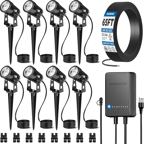 SUNVIE All-In-One LED Landscape Lighting Kit, 8-Pack Low Voltage Landscape Lights with Transformer and 65FT UL-Listed Wire, 3000K Waterproof Outdoor Uplights with Connectors for Yard House Garden Tree