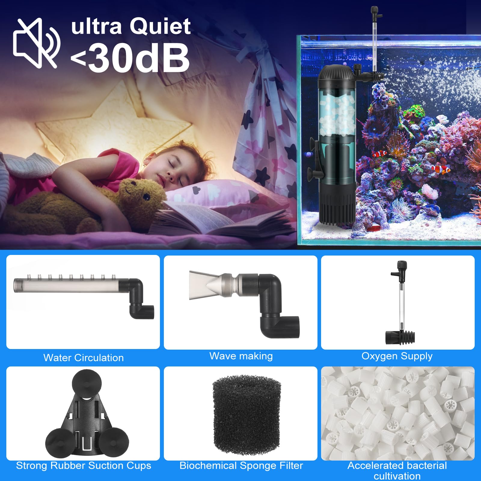 6W Filtro de Acuario Interno con Flujo 500L/H Filtración, Oxigenación, Circulación para Agua Limpia, Flujo de Aire Ajustable, bajo Ruido y Silencioso
