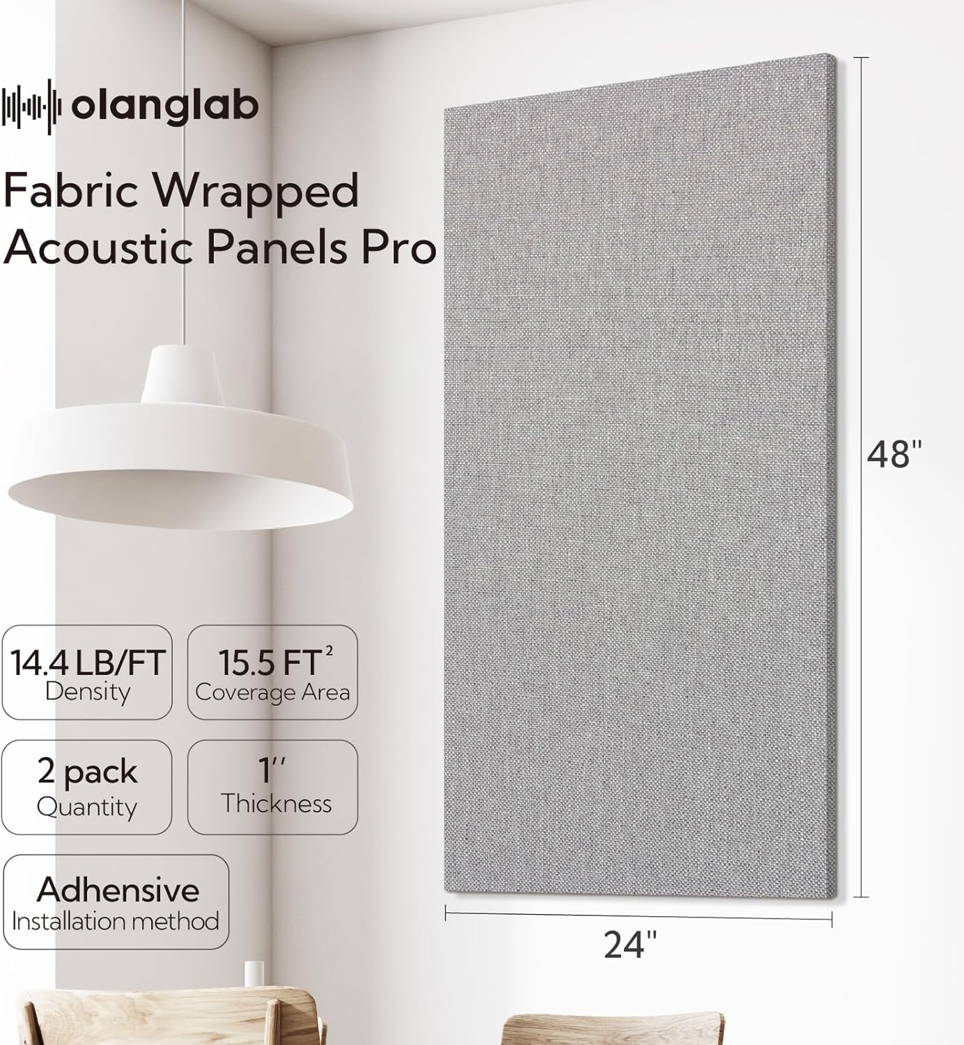 Olanglab Acoustic Panels 2 Pack, 48''x24'' Large Sound Panels, Fabric Wrapped Sound Proof Foam Panels for Walls, Sound Absorbing Panels for Recording Studio Acoustical Treatments (Light Grey)