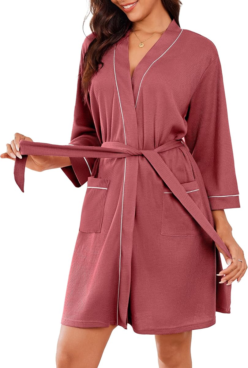 Batas para mujer Waffle hasta la rodilla Albornoz ligero suave ropa de dormir cuello en V 3/4 Casual señoras Loungewear S-XXL