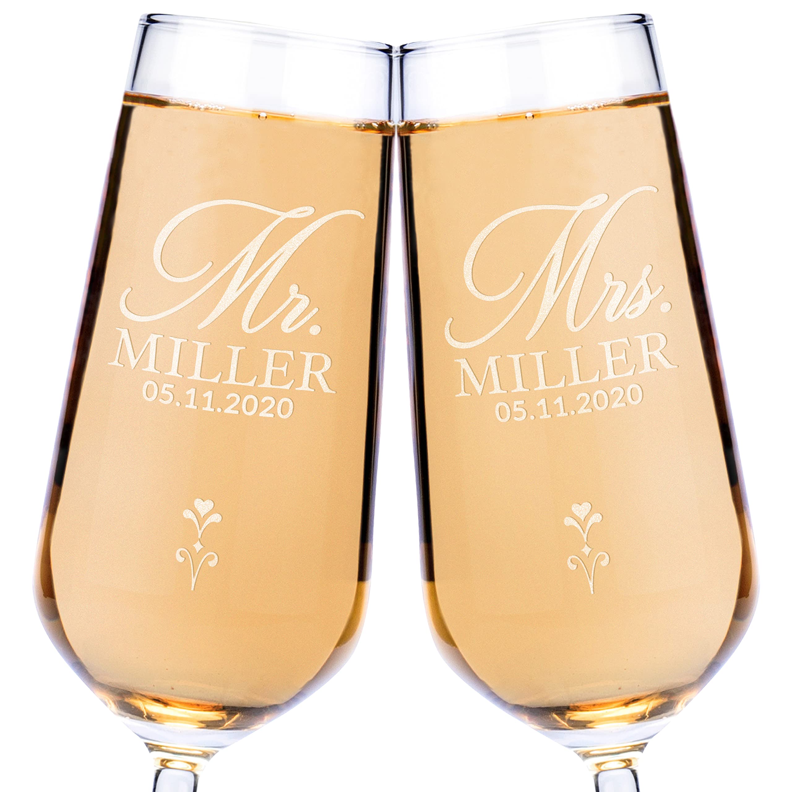 Set of 2, Personalized Wedding Flutes for Bride and Groom, 7 oz, Mr and Mrs Champagne Glasses for Engagement with Your Names and Date - D3