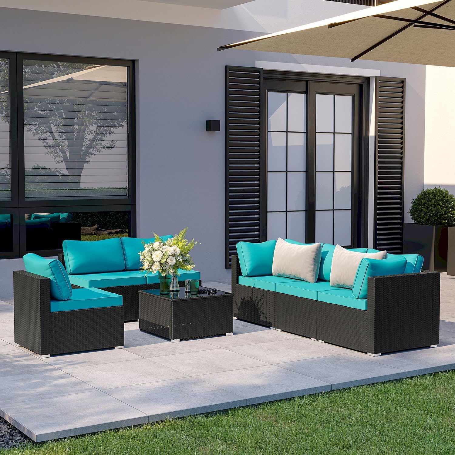 7-Piece Outdoor Patio Sectional Sofa Set – PE Wicker Rattan Conversation Furniture with Coffee Table, Cushions & Clips, Modular Patio Couch for Porch, Poolside, Backyard, Garden – Black Rattan