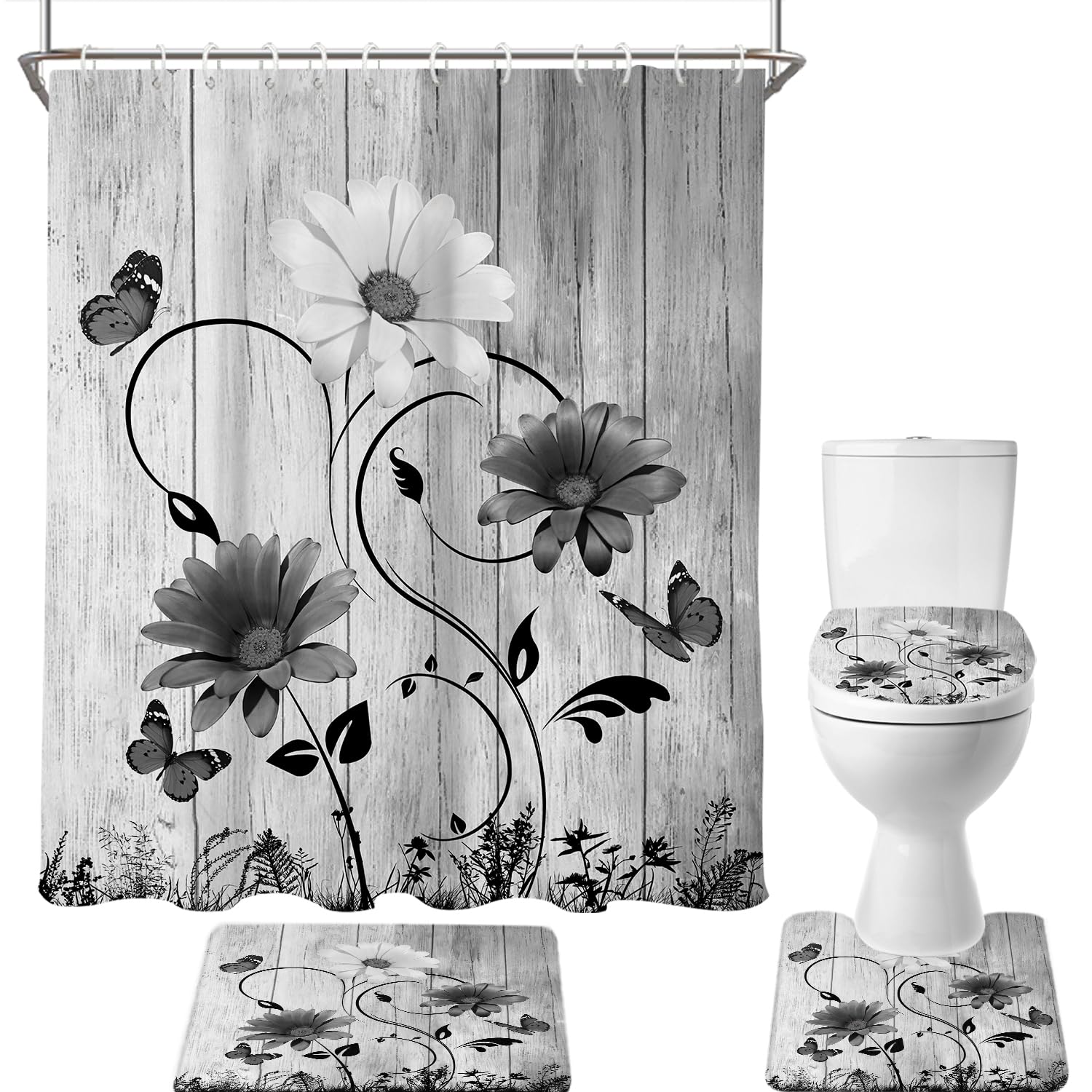 AAtter 4 Piece Black Floral Shower Curtain Set Farmhouse White Grey Flower Vintage 60Wx72L Inch Decor with Non-Slip Rugs, Toilet Lid Cover and Bath